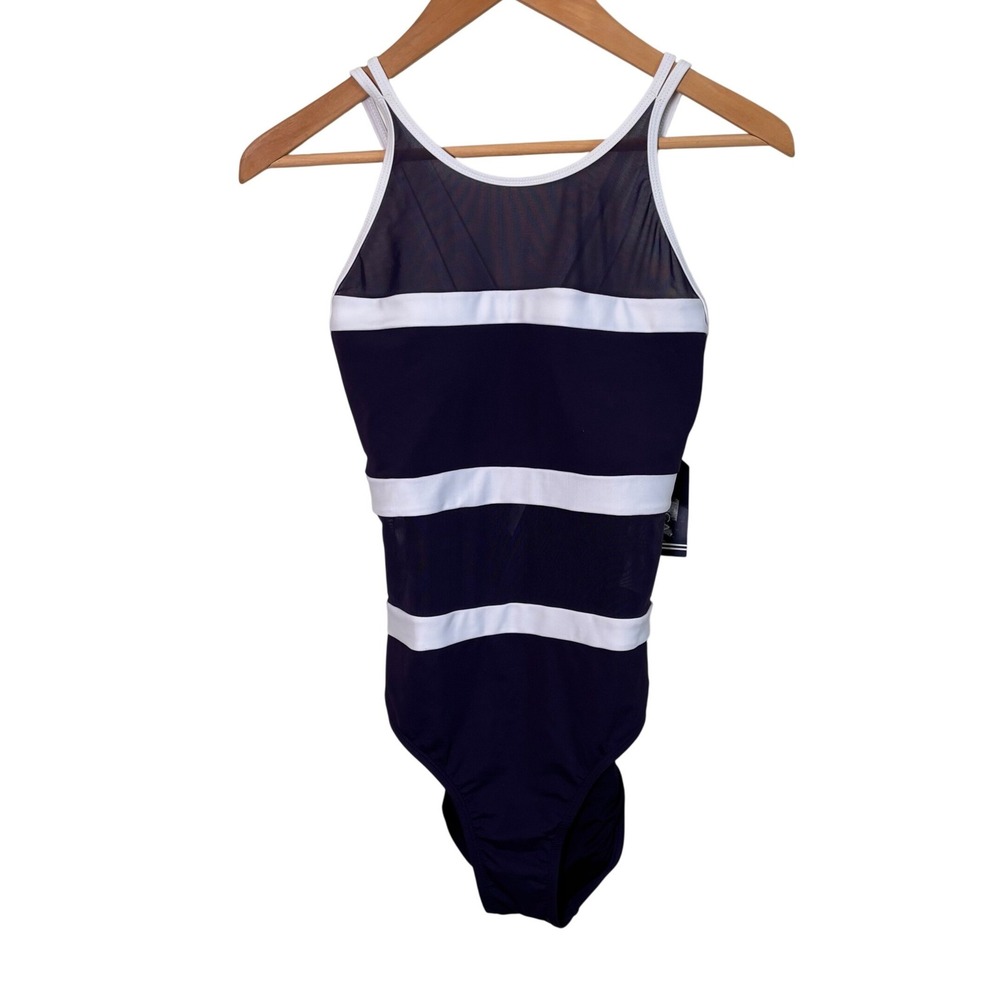Nautica Womens Swimsuit Sz L One Piece Navy Blue White‎ Mesh Panel